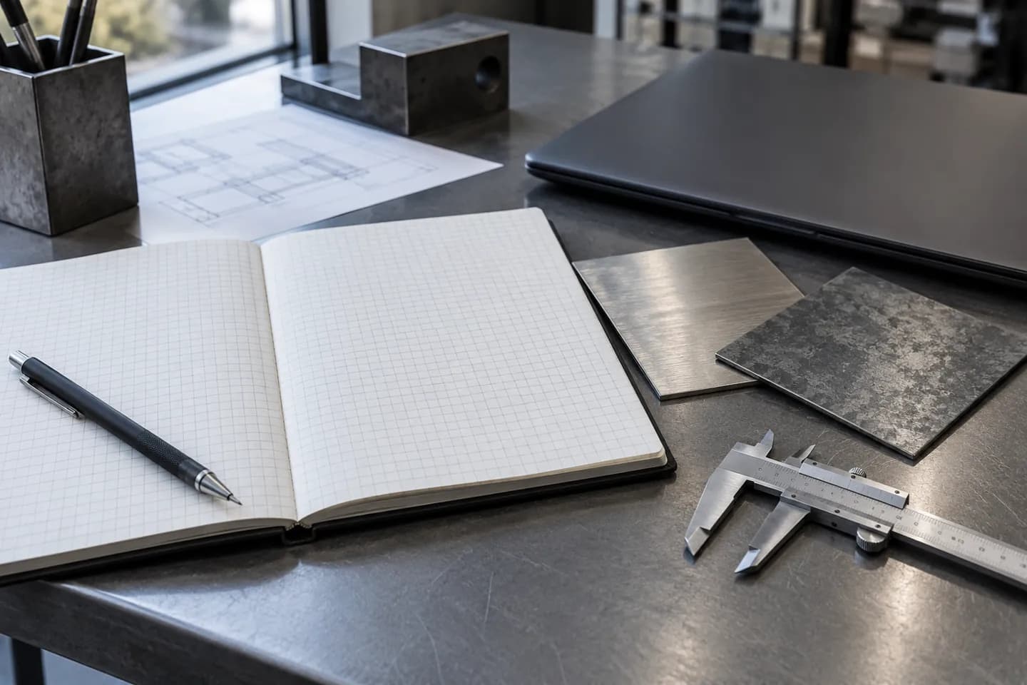Engineering notebook, caliper and metal finish samples