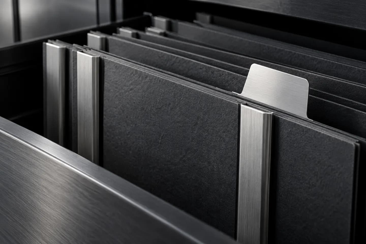 Engineering document folders arranged in a steel drawer
