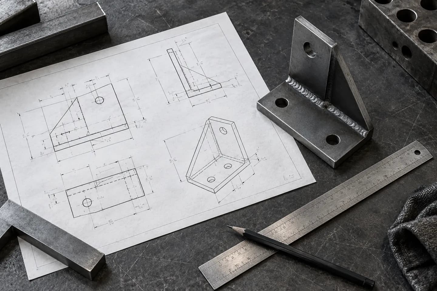 Steel bracket beside a technical drawing and measuring tools