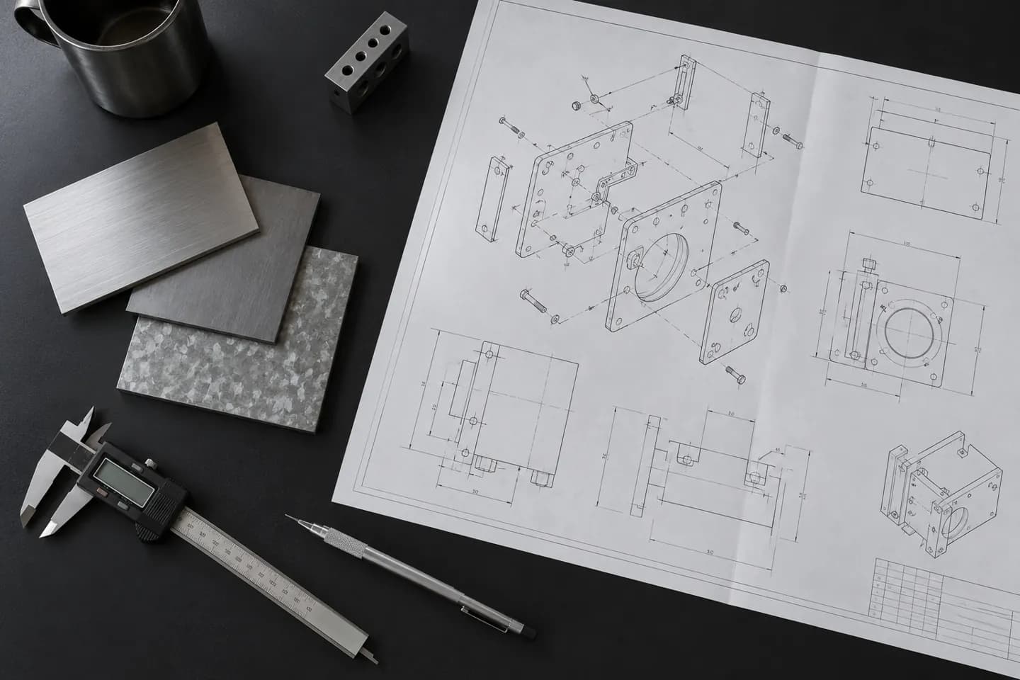Assembly drawing, caliper and metal coupons on a planning desk