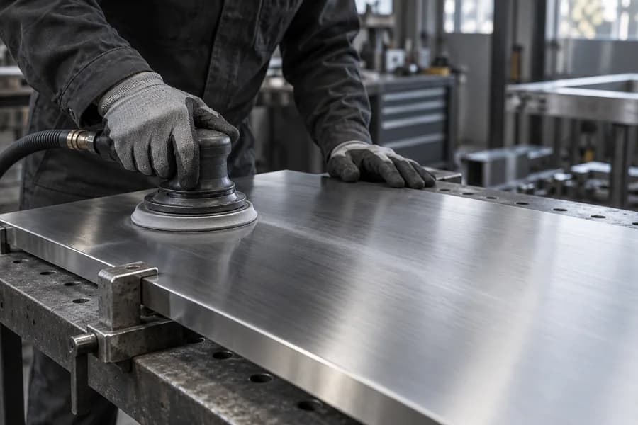 A gloved worker applying a finishing tool to a stainless steel panel