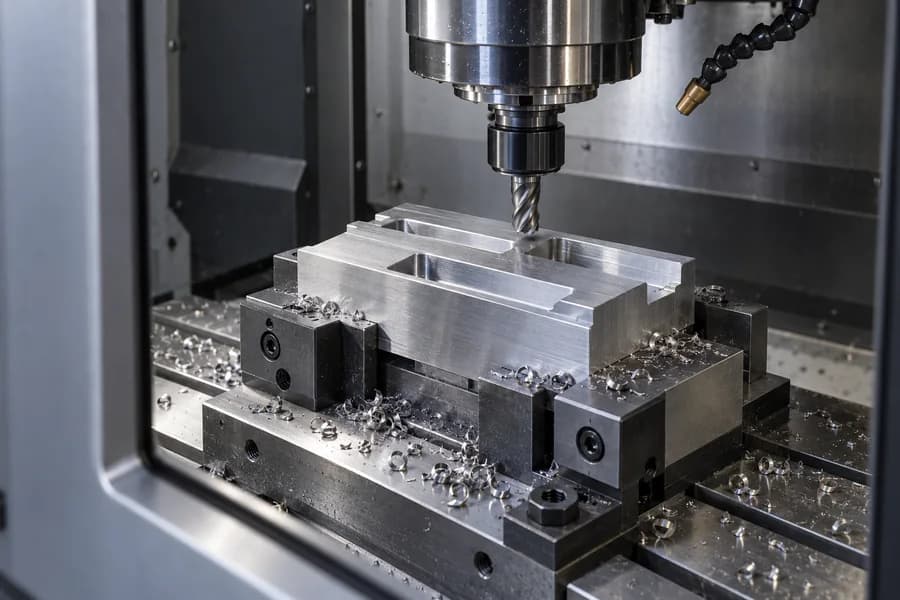 CNC end mill above a slotted metal workpiece clamped in a fixture