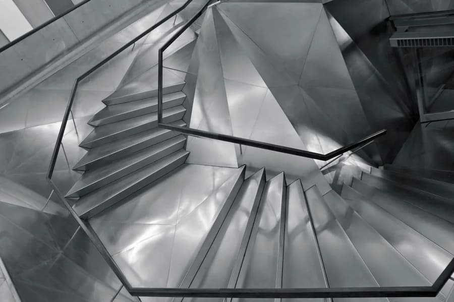 Metal stair treads and guardrails viewed from above