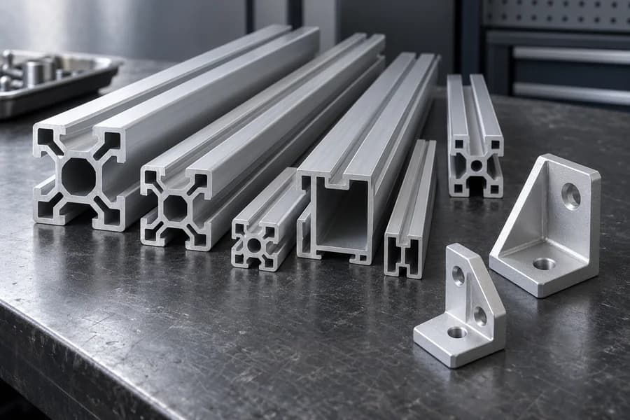 Aluminum extrusion profiles and machined brackets on a workbench