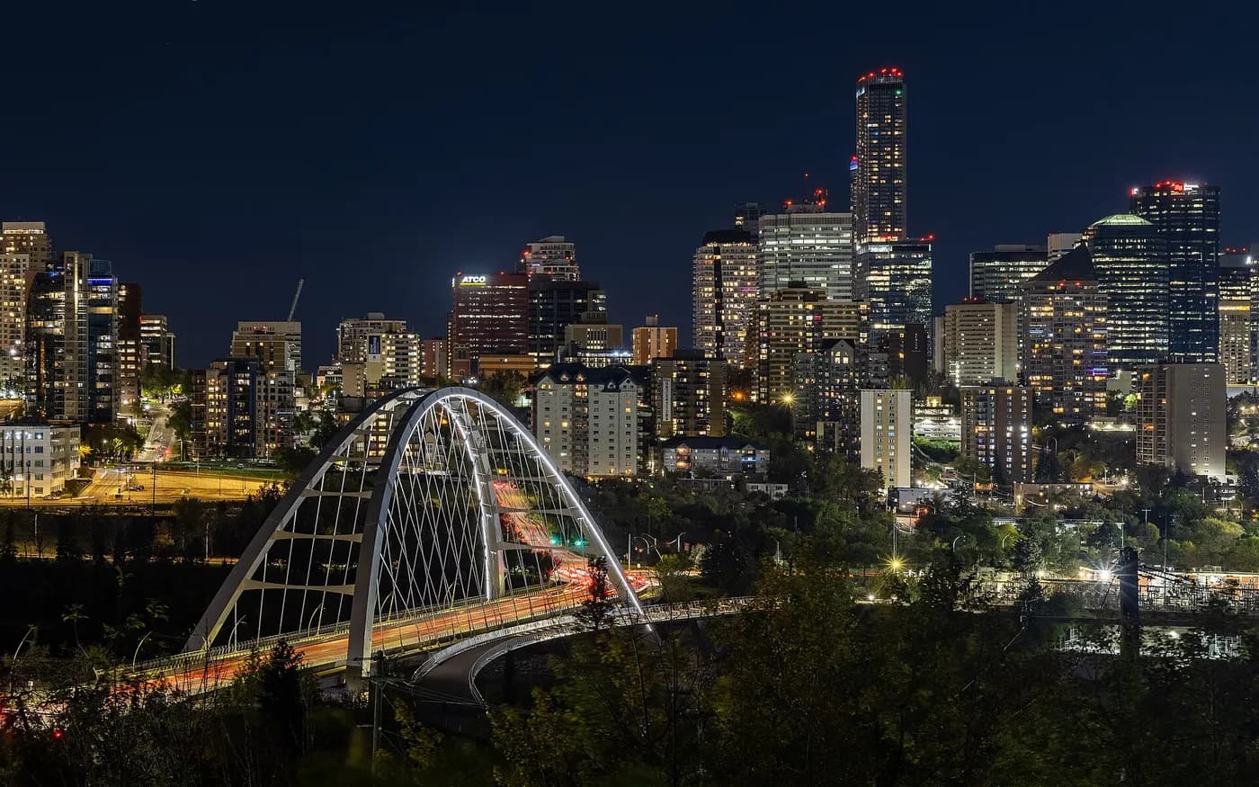 Walterdale Bridge and downtown Edmonton illuminated at night