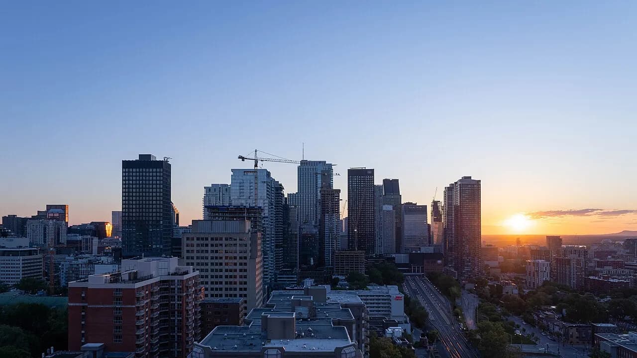 Downtown Montreal skyline at sunset