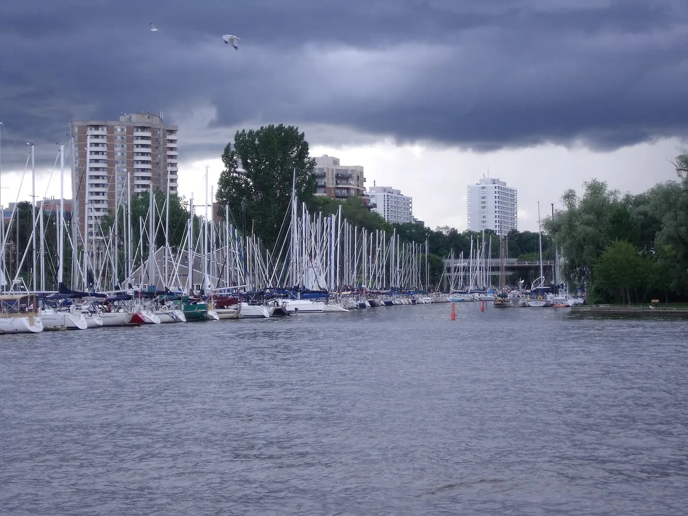 Sailboat masts and buildings at Oakville Harbour