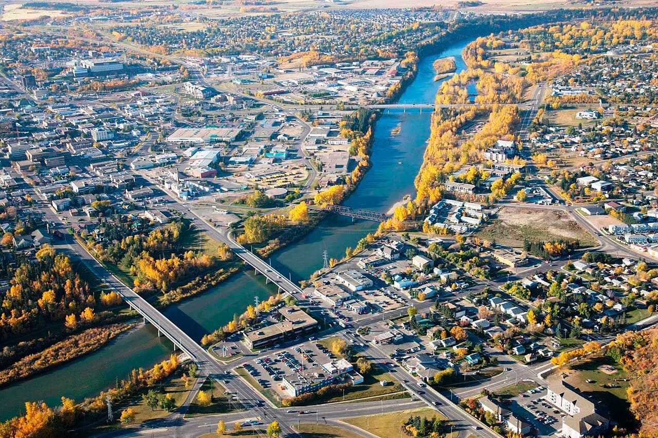 Aerial view of central Red Deer and its river bridges