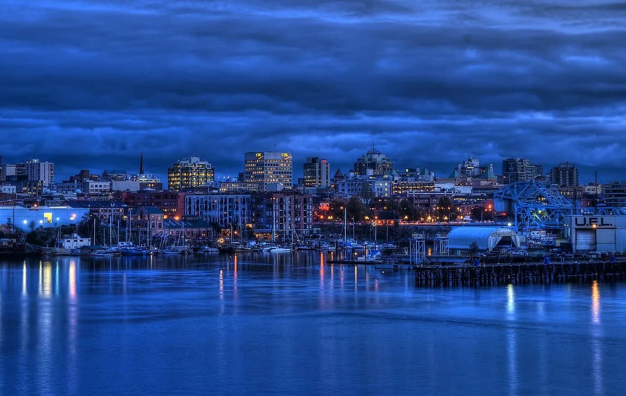 Victoria harbour and city skyline at twilight