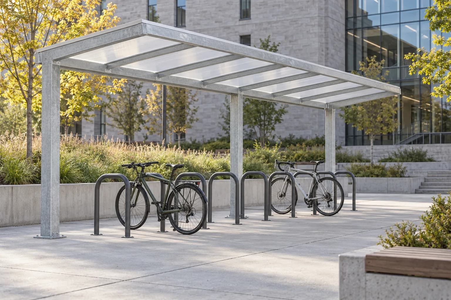 Galvanized canopy frame over bicycle parking rails in a courtyard