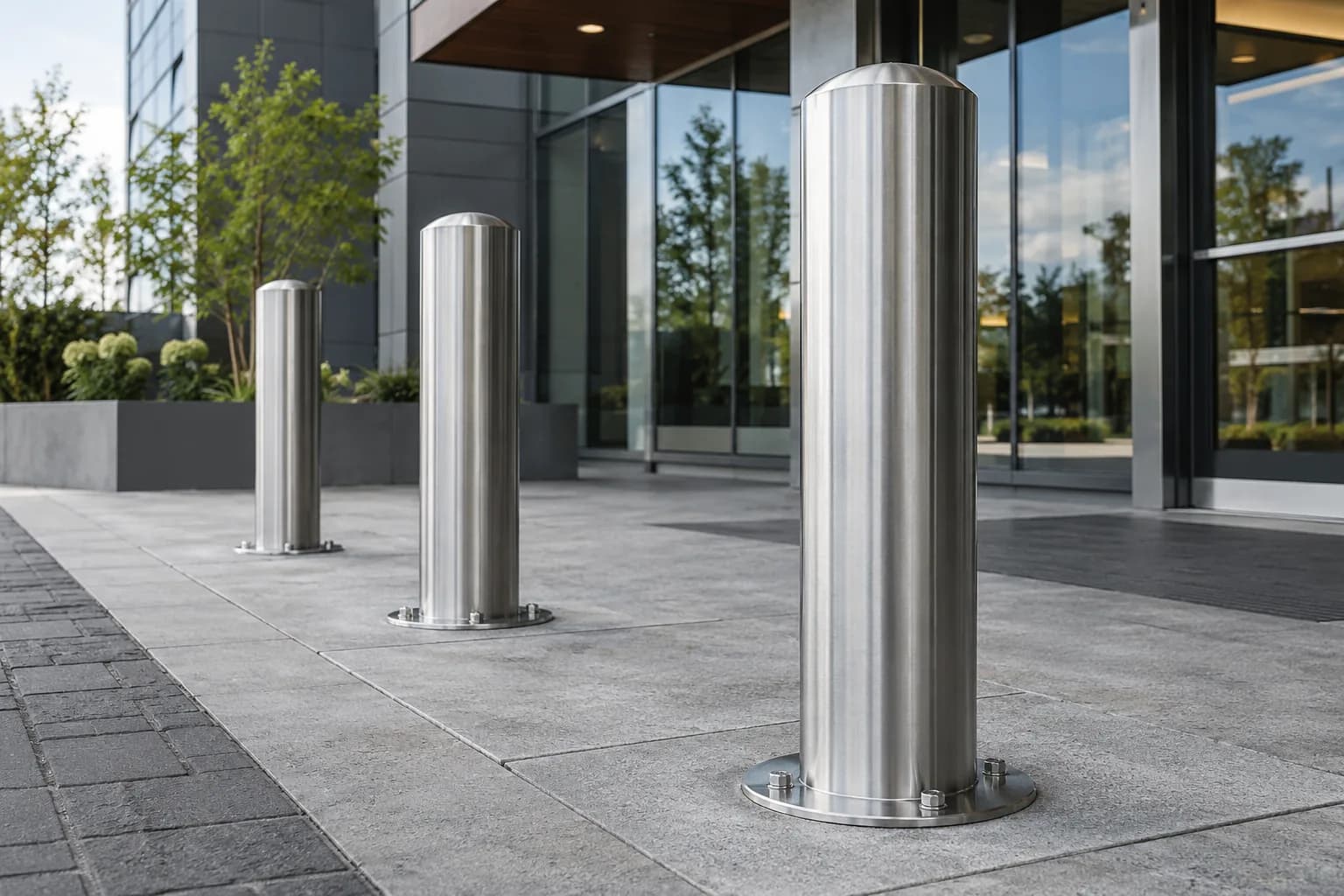 Brushed stainless steel bollards beside a commercial entrance