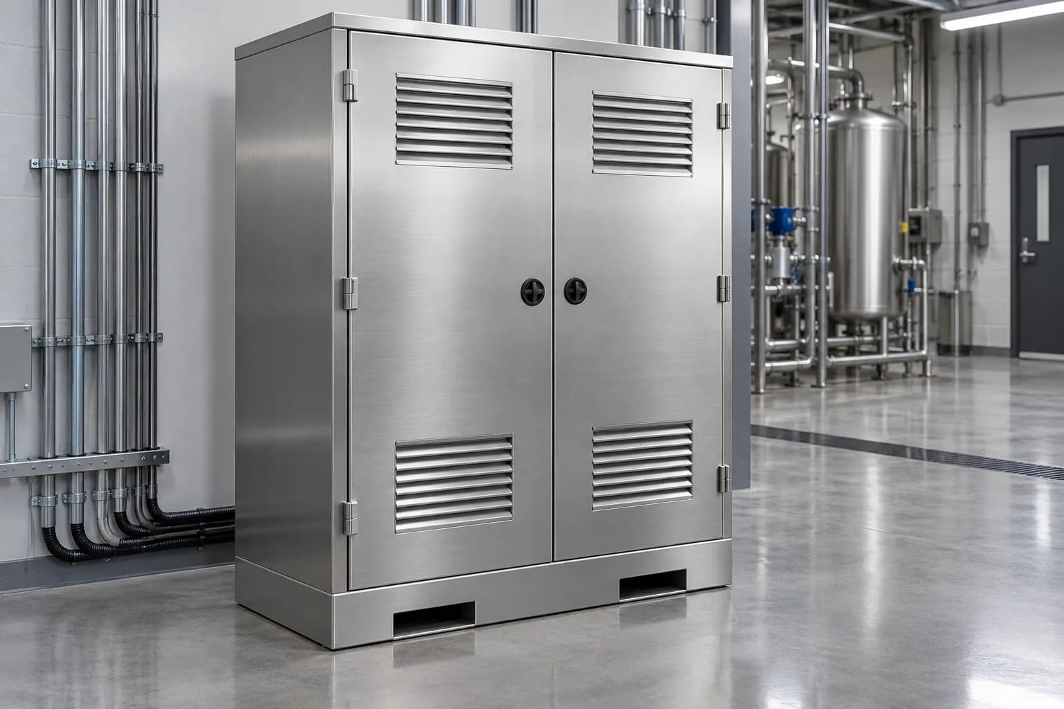Stainless steel equipment enclosure with access doors and ventilation louvers