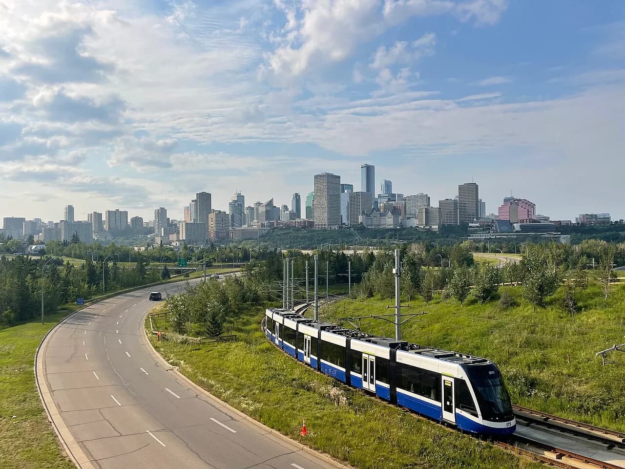 Edmonton light rail line and downtown skyline