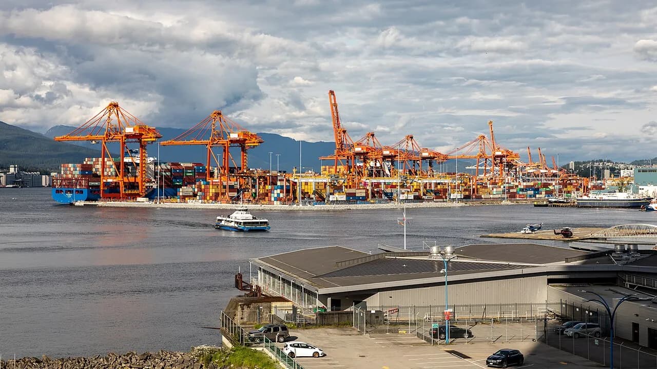 Container cranes and vessels at Vancouver Centerm Terminal