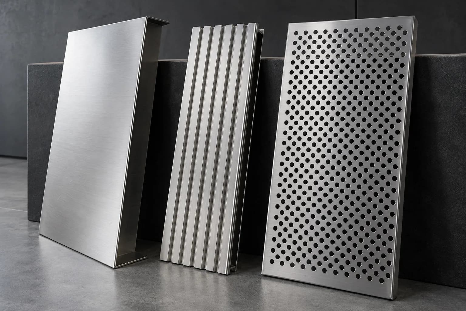 Folded, ribbed and perforated architectural metal panels