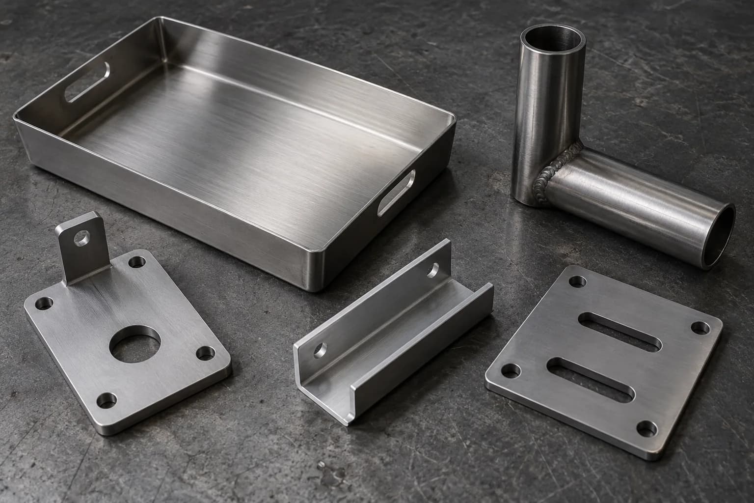 Folded metal tray, mounting plates and tubing on a graphite workbench