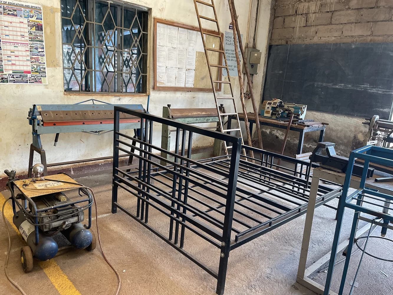 Welded metal frames assembled on fabrication work tables