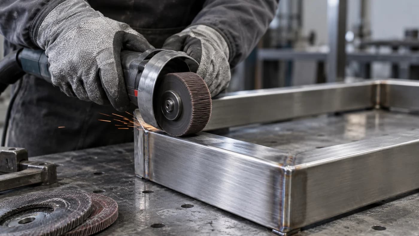 Abrasive finishing of a welded stainless steel frame