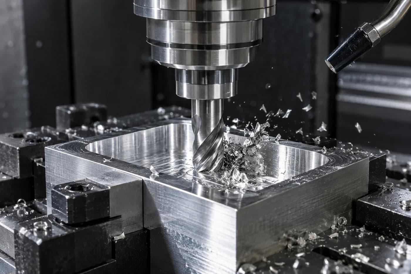 CNC end mill cutting a pocket in a clamped aluminum block