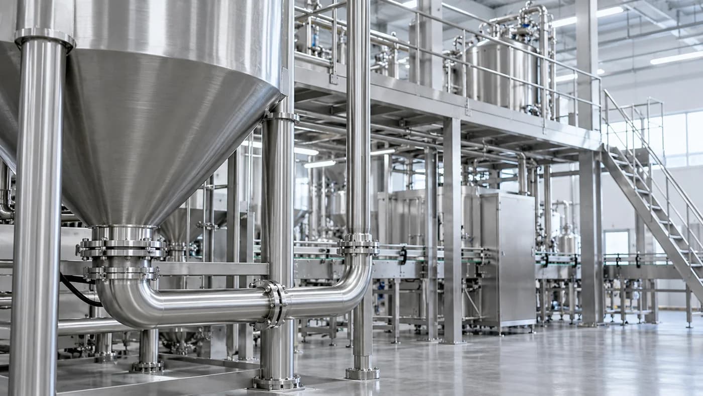Stainless steel process hopper, sanitary pipe connections and work platform