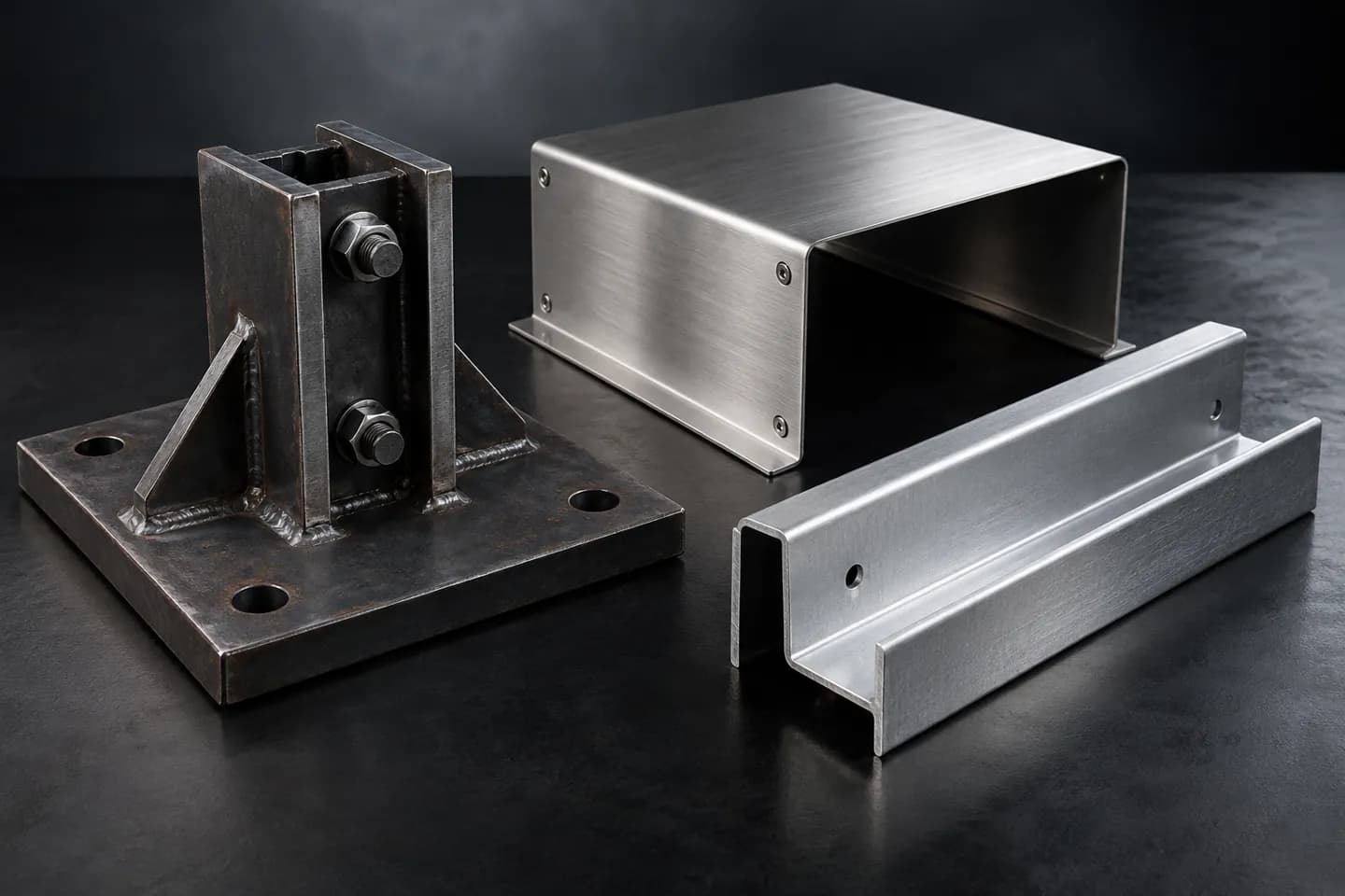 Steel baseplate, brushed stainless cover and aluminum channel on a workbench