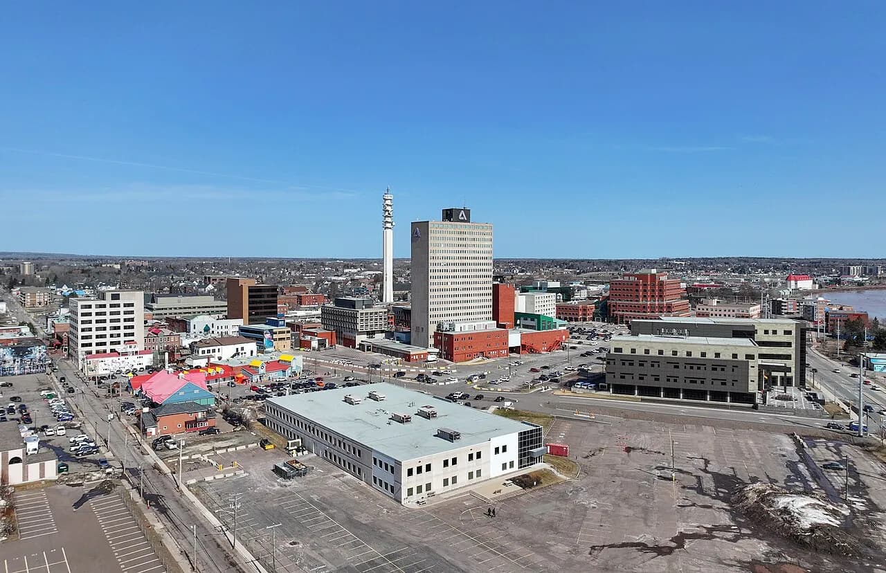 Aerial view of Moncton commercial buildings and downtown streets