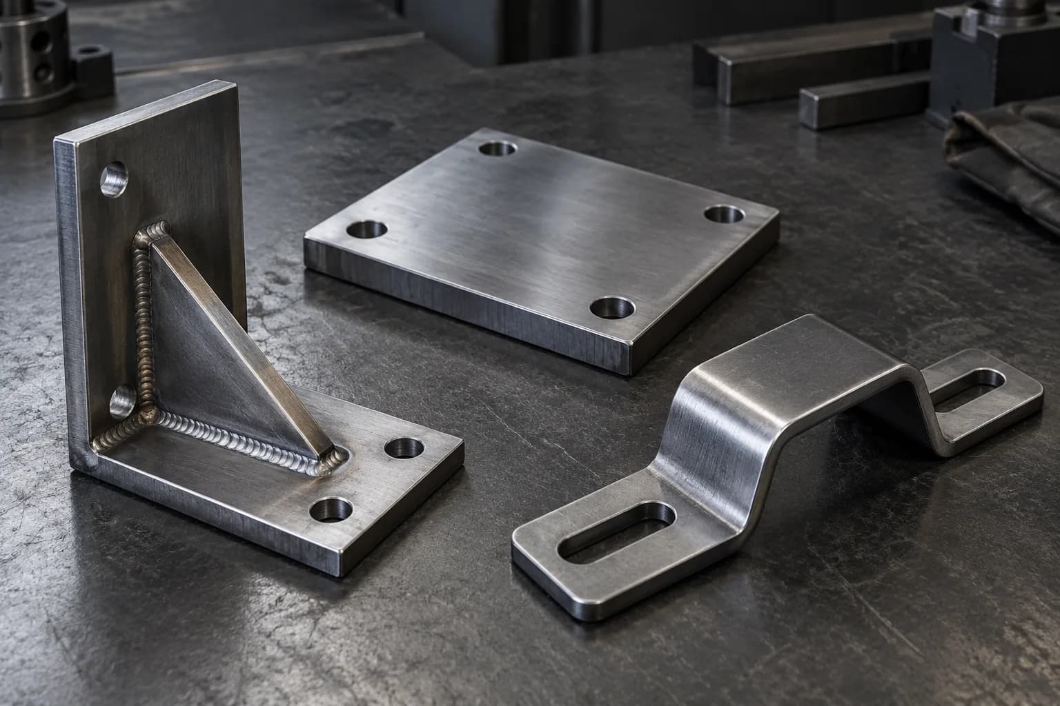 Gusseted bracket, slotted bracket and drilled mounting plate