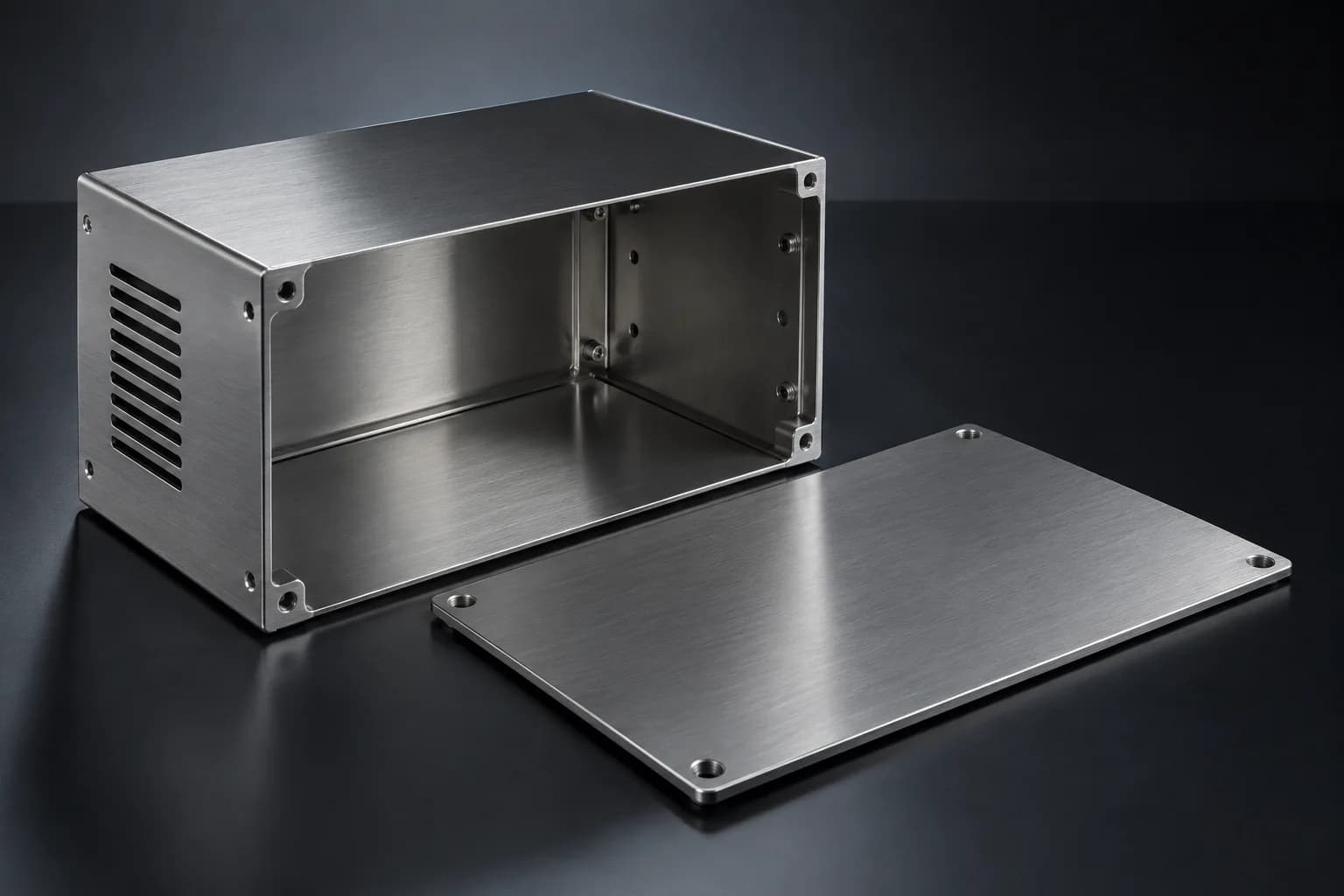 Brushed stainless enclosure with removable cover and ventilation slots